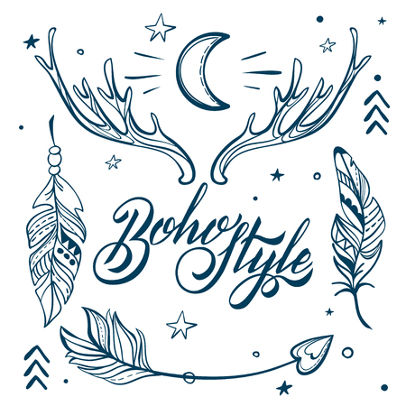 Vector Set of Boho Style Elements. Lettering Calligraphy text. Tattoo template. Trendy hand drawn tribal Gypsy symbol collection.の写真素材