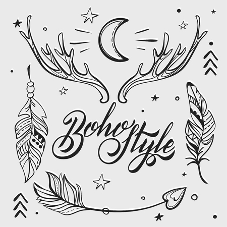 Vector Set of Boho Style Elements. Lettering Calligraphy text. Tattoo template. Trendy hand drawn tribal Gypsy symbol collection.の写真素材