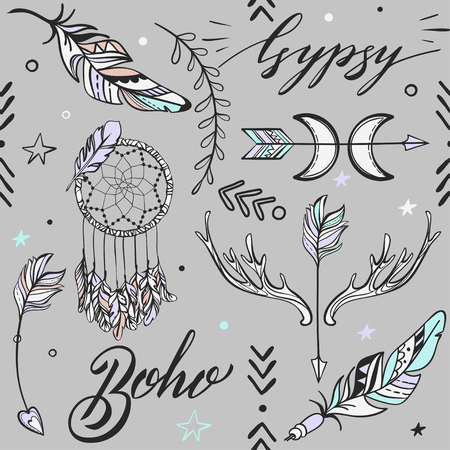Vector Seamless Pattern consist of Ornamental Boho Style Elements. Trendy background of tribal symbolのイラスト素材