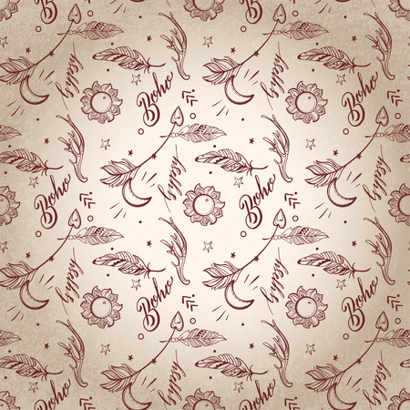 Vector Seamless Pattern consist of Ornamental Boho Style Elements. Trendy background of tribal symbolのイラスト素材