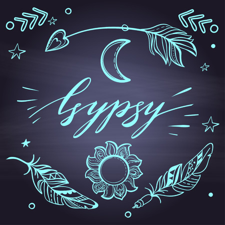 Vector Set of Boho Style Elements. Lettering Calligraphy text. Tattoo template. Trendy hand drawn tribal Gypsy symbol collection.のイラスト素材