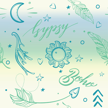 Vector Seamless Pattern consist of Ornamental Boho Style Elements. Trendy background of tribal symbolのイラスト素材
