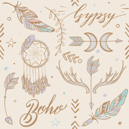 Vector Seamless Pattern consist of Ornamental Boho Style Elements. Trendy background of tribal symbolのイラスト素材