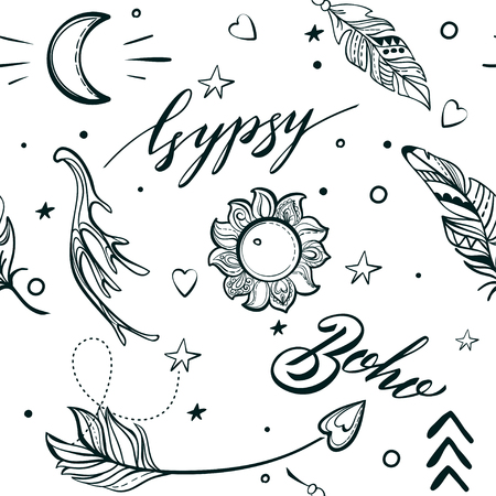 Vector Seamless Pattern consist of Ornamental Boho Style Elements. Trendy background of tribal symbolのイラスト素材