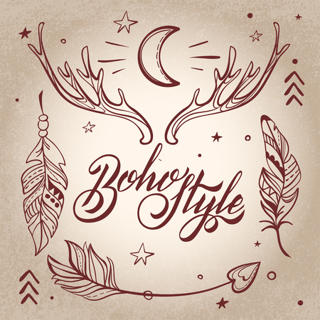 Vector Set of Boho Style Elements. Lettering Calligraphy text. Tattoo template. Trendy hand drawn tribal Gypsy symbol collection.のイラスト素材