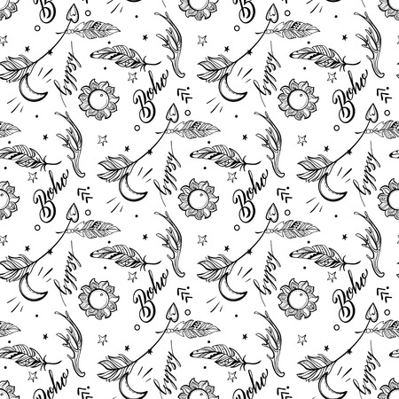 Vector Seamless Pattern consist of Ornamental Boho Style Elements. Trendy background of tribal symbolのイラスト素材
