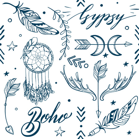 Vector Seamless Pattern consist of Ornamental Boho Style Elements. Trendy background of tribal symbolのイラスト素材