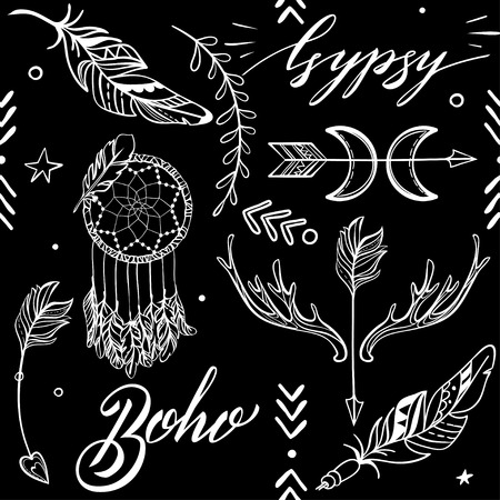 Vector Seamless Pattern consist of Ornamental Boho Style Elements. Trendy background of tribal symbolのイラスト素材