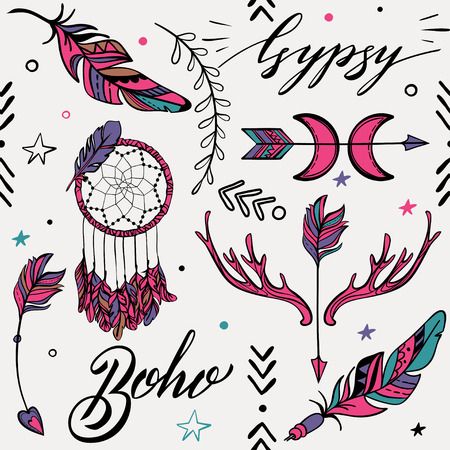 Vector Seamless Pattern consist of Ornamental Boho Style Elements. Trendy background of tribal symbolのイラスト素材