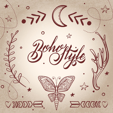 Vector Set of Boho Style Elements. Lettering Calligraphy text. Tattoo template. Trendy hand drawn tribal Gypsy symbol collection.のイラスト素材