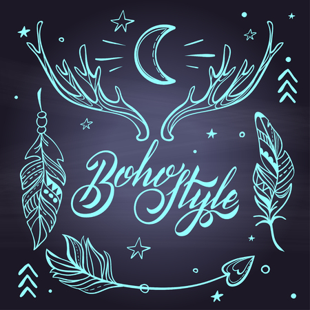 Vector Set of Boho Style Elements. Lettering Calligraphy text. Tattoo template. Trendy hand drawn tribal Gypsy symbol collection.の写真素材