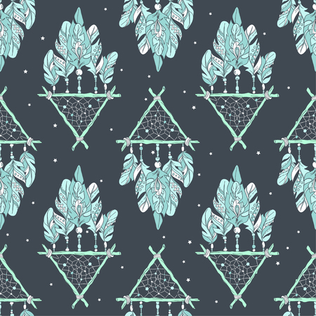 Vector Seamless Pattern with Different Dream Catcher Amulet. Can be used as ornament of textile, dress pattern, case and cover for gadgetのイラスト素材