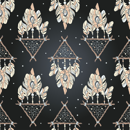 Vector Seamless Pattern with Different Dream Catcher Amulet. Can be used as ornament of textile, dress pattern, case and cover for gadgetのイラスト素材