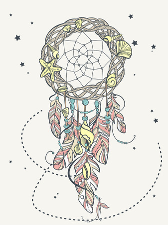 Vector Dreamcatcher Amulet of Sea Style. Native American Indian talisman with Feathers and Shellsの写真素材