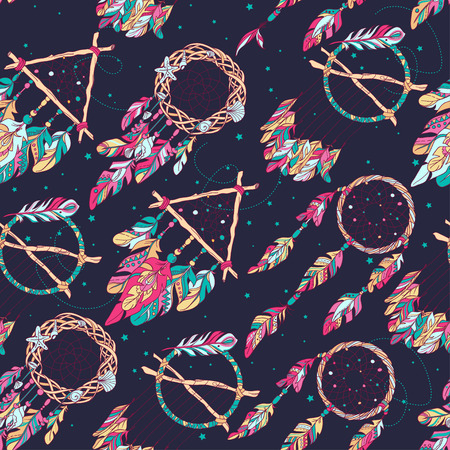 Vector Seamless Pattern with Different Dream Catcher Amulet. Can be used as ornament of textile, dress pattern, case and cover for gadgetの写真素材