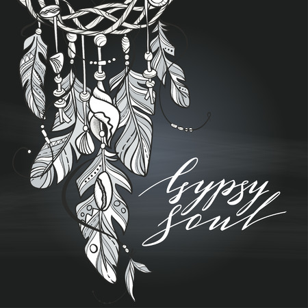 Vector Dreamcatcher Amulet of Sea Style. Native American Indian talisman with Feathers and Shells. Lettering Quoteの写真素材