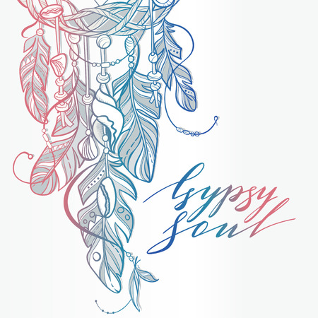 Vector Dreamcatcher Amulet of Sea Style. Native American Indian talisman with Feathers and Shells. Lettering Quoteの写真素材