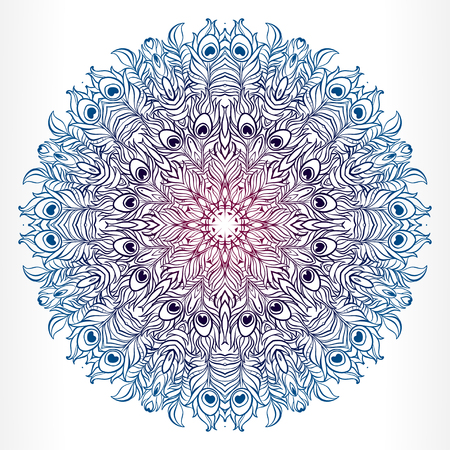 Vector Ethnic Mandala on a colorful watercolor background. Vintage decorative round element. Tattoo element.のイラスト素材