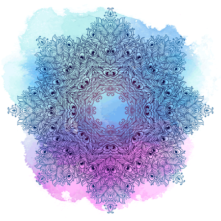Vector Ethnic Mandala on a colorful watercolor background. Vintage decorative round element. Tattoo element.のイラスト素材