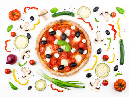 Italian pizza with its ingredientsの写真素材