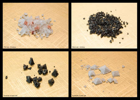 Various mixture of salt: black, white and pink salt, pyramids of saltの写真素材