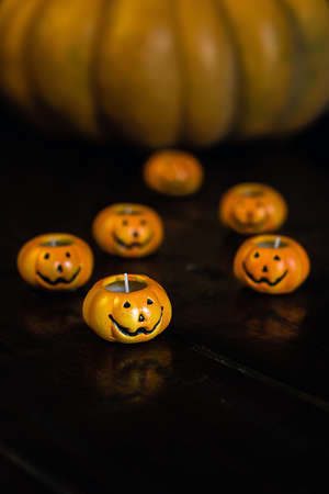 autumn halloween pumpkins on wooden tableの写真素材