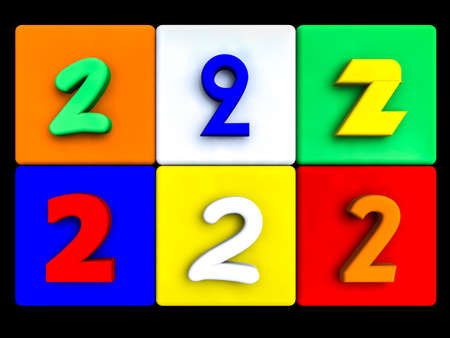 various numbers 2 on colored cubes, on black