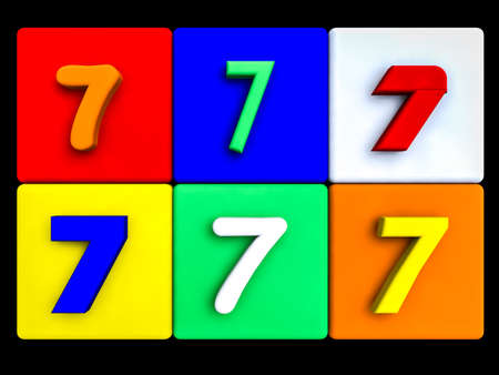 various numbers 7 on colored cubes, on blackの写真素材