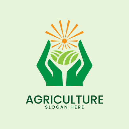 agriculture logo icon template design. sun and hand vector illustrationのイラスト素材