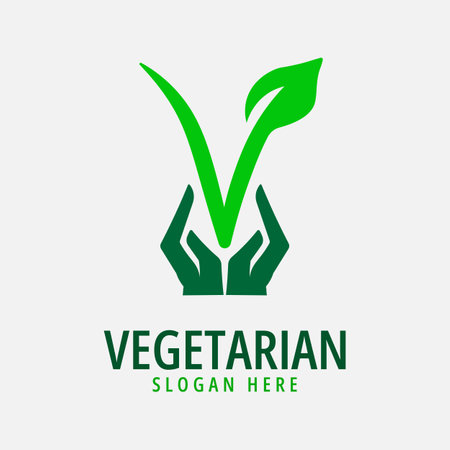 vegetarian logo icon template design. leaf and hand vector illustrationのイラスト素材