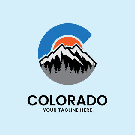 colorado c logo design inspiration with mountain, forest, sun, and cloud vector illustrationのイラスト素材