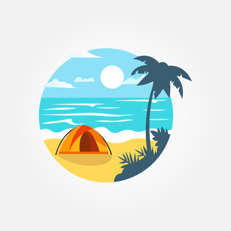 Tourist tent camping on tropical beach, coconut trees. Summer vacation coastline beachのイラスト素材