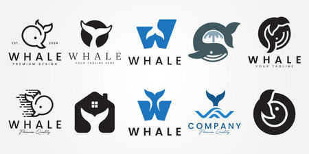 set bundle whale tail logo vector illustration design, cute whale fish logo designのイラスト素材