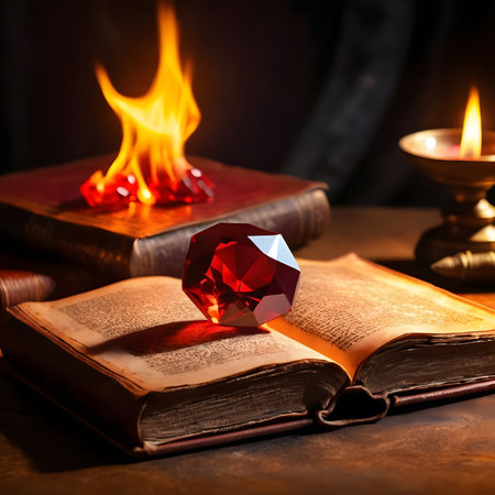 A captivating image of a large ruby gemstone on aged books, set against a backdrop of flickering flames. The scene evokes feelings of mystery and old world charm.の素材