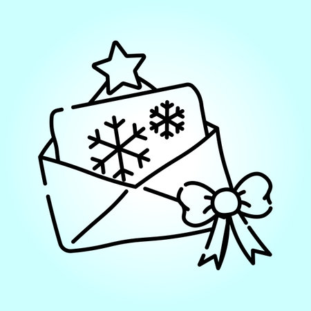 A charming illustration of a holiday greeting card with snowflakes and a star, beautifully presented in an envelope tied with a ribbon bow.のイラスト素材
