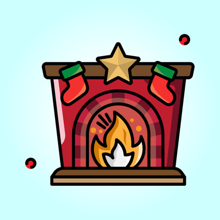 A festive Christmas fireplace illustration with stockings and a star on top. Perfect for holiday cards or decorations.のイラスト素材