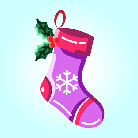 A cheerful illustration of a Christmas stocking adorned with holly and a snowflake. Perfect for...