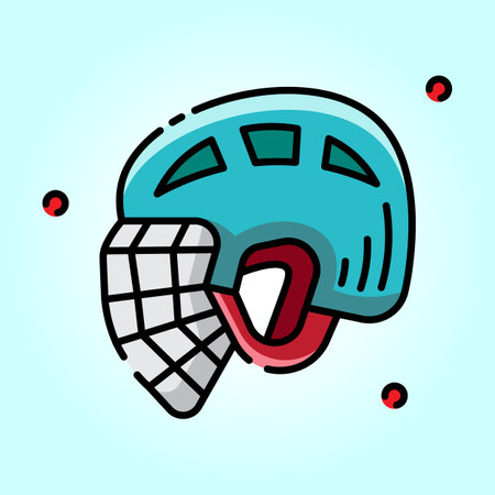 A lively illustration of a hockey goalie helmet. Teal and red color scheme. Perfect for sports-themed projects.のイラスト素材