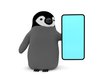 Penguin with a smartphone. 3d render illustration.の写真素材