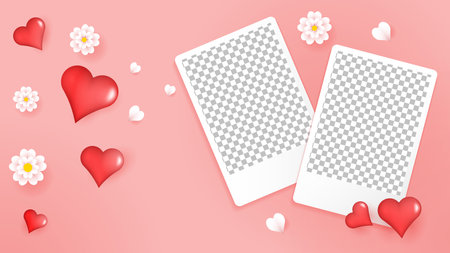 Realistic red hearts and cards on a pink background. Vector illustration.のイラスト素材