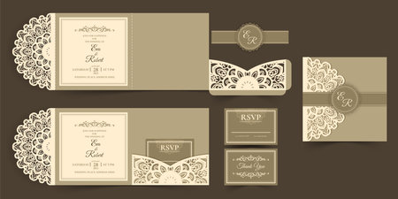 Luxury wedding invitation cards with lace ornaments. Vector illustrationのイラスト素材