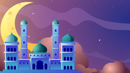 Mosque at night with moon. Vector illustration. Ramadan Kareem.のイラスト素材