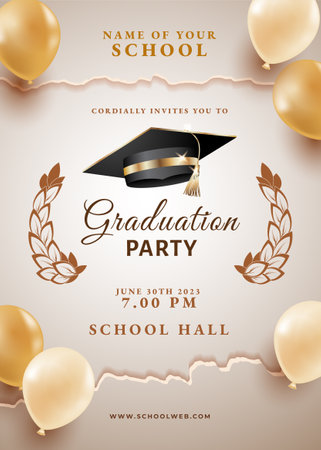 Graduation party invitation template with gold balloons, graduation cap and laurel wreathのイラスト素材