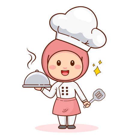 Cute Cartoon Chef Girl with Hijab Holding a Platter. Vector Illustrationのイラスト素材