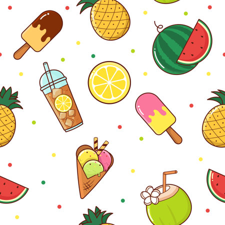 Seamless pattern with watermelon, ice cream and pineapple. Vector illustration.