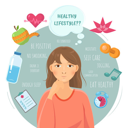 Healthy lifestyle concept. Girl thinks about healthy life. Vector illustrationのイラスト素材