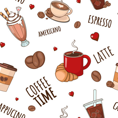 Seamless pattern with coffee and sweets. Vector illustration in cartoon style.のイラスト素材