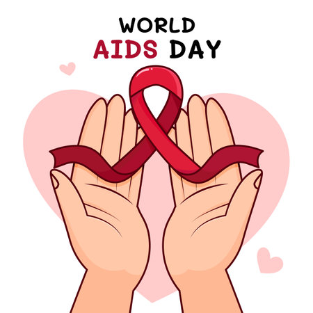 World Aids Day concept with hands holding red ribbon. Vector illustration.のイラスト素材