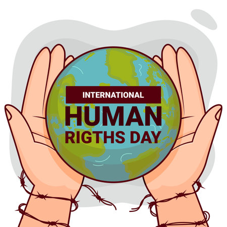 International Human Rights Day. Vector illustration of human hands holding Earth globe.のイラスト素材