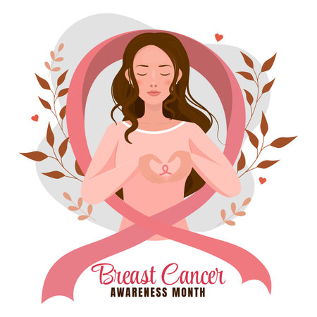 Woman with Pink Ribbon Breast Cancer Awareness Illustration Campaignのイラスト素材
